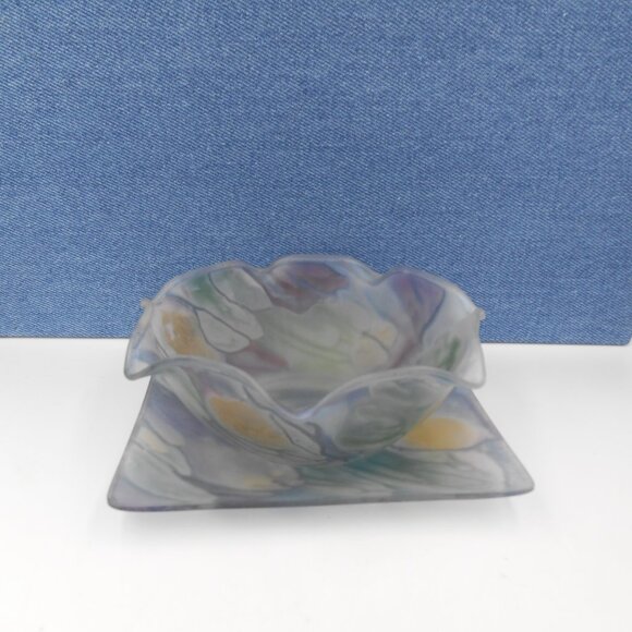 VINTAGE SMALL REUVEN RUFFLED EDGE ART GLASS BOWL & PLATE WATERCOLOR SATIN FINISH - Picture 1 of 12